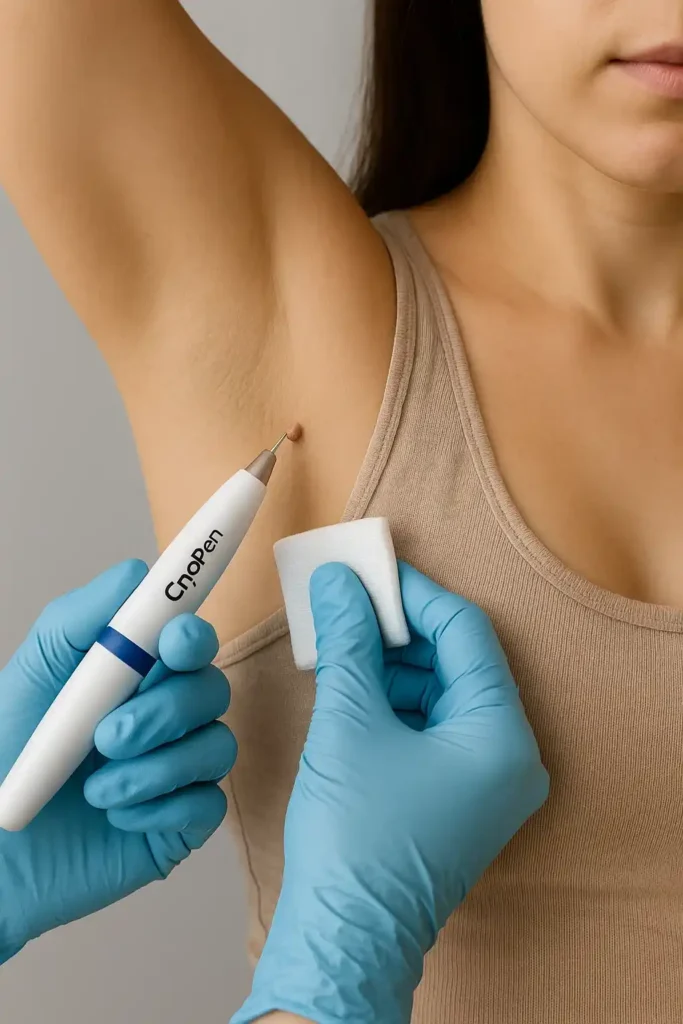 woman having cryopen to remove underarm skin tags Blackheath
