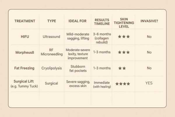 Table showing the comparisons of Skin tightening Blackheath treatment options.